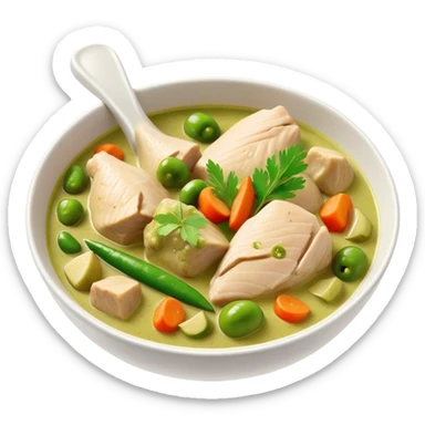 Green Chicken Curry Cinematic Realistic Green Chicken Curry Dish Emoji, depicted as tender chicken chunks simmered in a fragrant green curry sauce with vegetables, rendered with vivid textures and dynamic, vibrant lighting. sticker