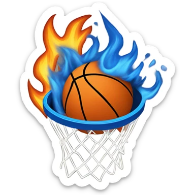 A blue and orange basketball going through the net on fire. sticker