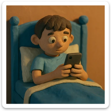 boy in a blue bed, on his phone, wearing a light blue t-shirt sticker