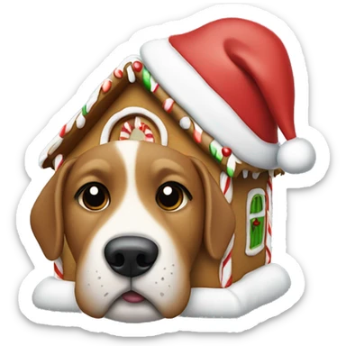 Dog wearing a Santa hat and gingerbread house sticker