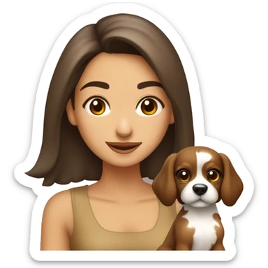 garota morena olho castanhos cabelo no ombro castanho pele bege clara com um cachorro pequeno sticker