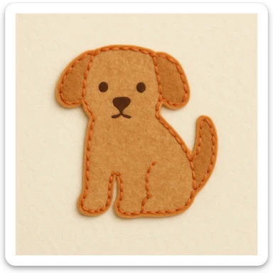 Minimal felt patch of a dog with soft matte felt, muted orange stitched edge, low detail, small round eyes, simple triangle nose, no mouth, warm color palette, flat perspective, off-white background sticker