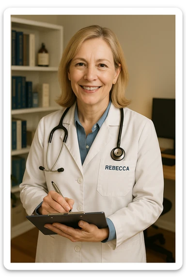 Make Rebecca's hair thinner, blonder, and shoulder length. She should appear slightly older and be smiling, keep her as a doctor in a professional setting, realistic style. sticker