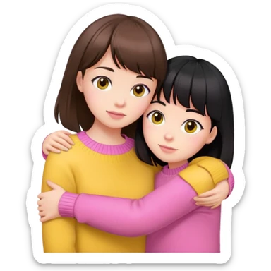 girl in pink sweater with brown hair and bangs hugs girl in yellow sweater with black hair sticker