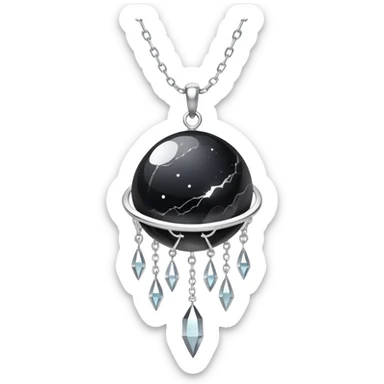 ethereal onyx stone radiating silver energy, cosmic dust around it, delicate floating chain sticker