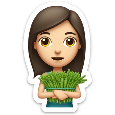 farmer brunette white woman with bunch of peas and carrots in her hands from the garden with gloves on, frowning sticker