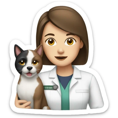 Brunette  vet with a cat and a dog sticker