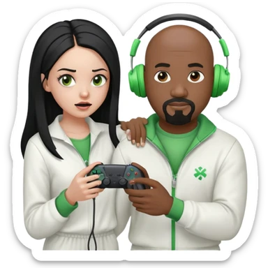 A bald, black man with a goatee wearing a white jump suit, green headphones and holding a ps5 controller being strangled by a mad, young, Hispanic woman with long black hair sticker