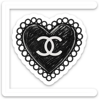 glossy black heart with a string of pearls around it, featuring a silver Chanel logo in the center, elegant, black and white color scheme, hand drawn outline style sticker