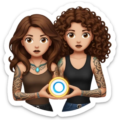 rune trap — long wavy brown hair tattooed woman and short tight curly brown hair woman — startled circle glow sticker