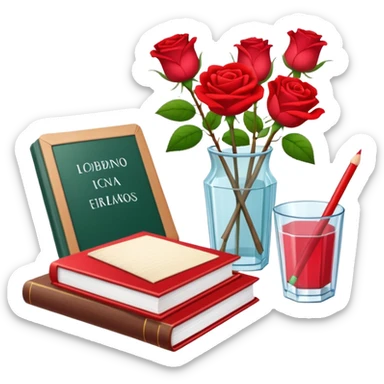 crear pizarra con libros a un lado, cuadernos, lapices, creyones, un vaso de cristal con rosas rojas, estilo vector sticker