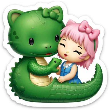 Hello Kitty is kissing a green, cute alligator boy sticker