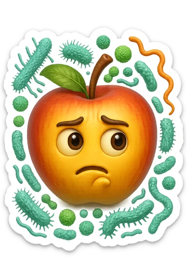 EMOJI STILE IPHONE DI una mela con espressione dubbiosa che intorno ha dei batteri intestinali, IPERREALISTICO 4K sticker