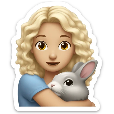 Blond wavy hair girl cuddling a grey rabbit sticker
