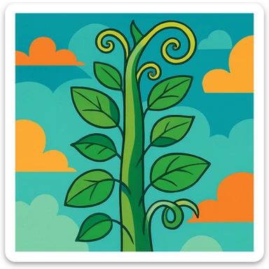 whimsical tall green beanstalk plant with leaves and curling tendrils sticker
