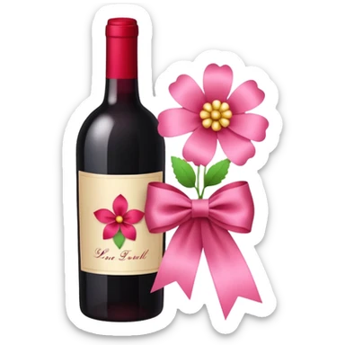 a ribbon decoration and flower decoration on a wine bottle sticker