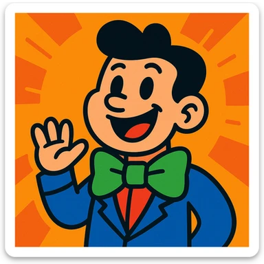 person with a prominent green bowtie, playful cartoon style sticker
