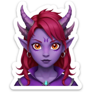 Demon Girl Purple Skin Dragon Horns Black Eyes Red Glowing Pupils Auburn Haired Red Shirt  sticker