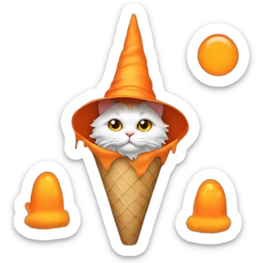 White-orange fluffy cat in cone witch hat sticker