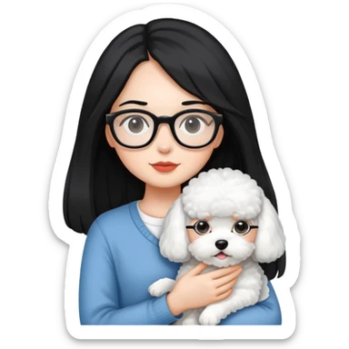 A girl with long black hair and glasses holding a bichon and a white devon sticker