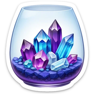 Close-up of vibrant crystals growing in a glass container on a table, with various colors like purple, blue, and clear. Some crystals are larger, while others are still forming. Soft light highlights their natural beauty. Background with a cozy indoor setting. sticker