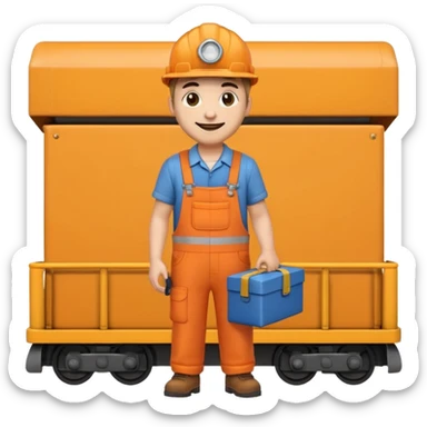 emoji style railway engineer full body in orange overalls, carrying a box in front of them sticker