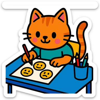 cute cartoon kitty sitting at a desk, drawing emoji faces sticker