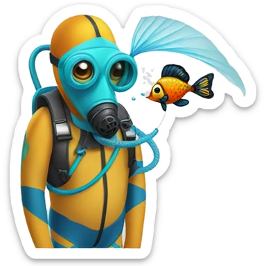 Fish wearing a snorkling mask and breathing tube while holding a butterfly net sticker