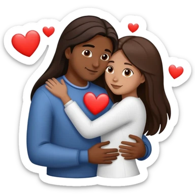 A couple hugging. The man has medium brown skin, dark brown slightly long straight hair. The woman has fair skin, long dark brown hair. White hearts around them. sticker