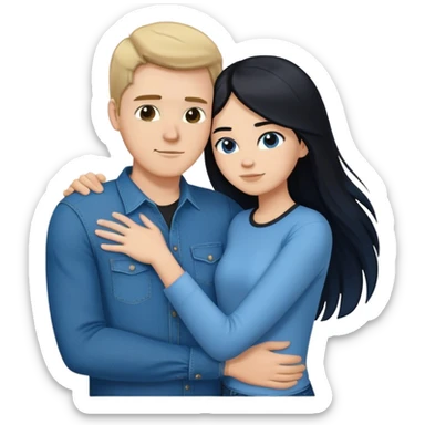 tall white guy wearing blue shirt and black jeans hugging a shorter white girl with long black hair with blue jeans and white shirt sticker