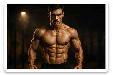 bodybuilding è lo sport simbolico della vemenza, forza, potenza, estetica, iperrealistico cinematografico 4k, l'uomo non farlo troppo tozzo, ma muscolo e slim sticker