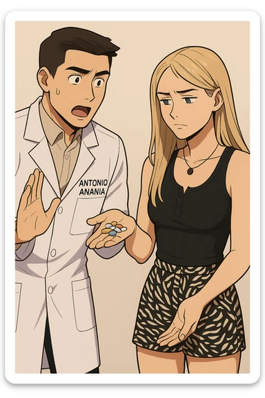 fai un webtoon/manga a colori con questo kinesiologo in camice bianco (fagli la scritta "ANTONIO ANANIA" SUL CAMICE) CHE PARLA CON QUESTA RAGAZZA. LA RAGAZZA HA UN PUGNO DI INTEGRATORI IN MANO (TANTE PILLOLE DIVERSE) E LE GUARDA DUBBIOSA. IL KINESIOLOGO CON IL CAMICE BIANCO LE DOMANDA UNA COSA SCIOCCATO. NON FARE I FUMETTI, FAI SOLO LORO COME SE DIALOGASSERO sticker