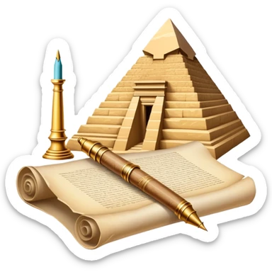 An icon showing a rolled parchment scroll, a quill pen, and ancient landmarks like pyramids and columns in the background. The design symbolizes the study of past civilizations, events, and heritage. Transparent background emphasizes the timeless exploration of human history. sticker