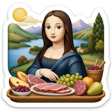  mona lisa with SPAM MEAT charcuterie and fruit tray renaissance landscape sticker