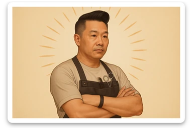 shu pozada turgan faqat o'ng tarafga qarab turgan sartarosh ustani tasvirlab ber realistik uslubda yoshi kattaroq soqol shart emas va osiyolik erkak  sticker