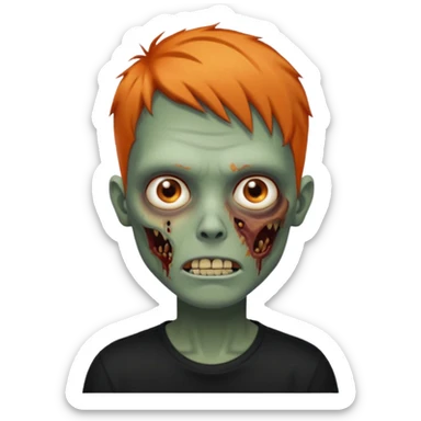 Faça uma zumbi com cabelos curtos e laranja, deve estar vestindo uma camisa preta e ter seus olhos castanhos sticker