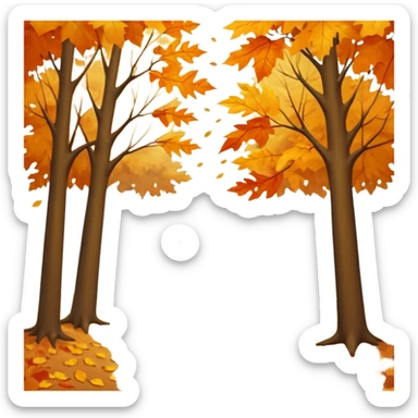 A peaceful autumn scene with golden and orange leaves gently falling from tall trees, soft sunlight filtering through the branches, leaves covering the ground, a gentle breeze in the air, cinematic atmosphere, warm color tones, 4K, ultra detailed, hyperrealistic, dreamy fall season landscape sticker