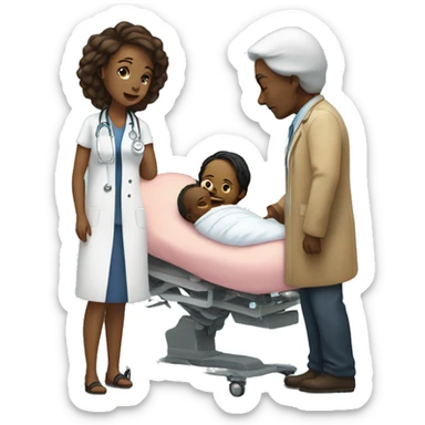 a woman gives birth and doctors stand nearby sticker
