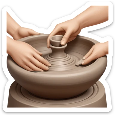 Two hands shaping a clay vessel on a silver pottery wheel, one hand inside and one hand outside the vessel, clean and focused view with no splashing clay sticker