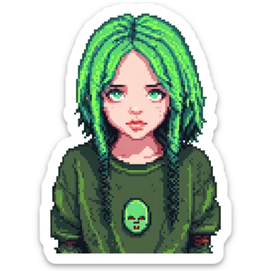 Billie Eilish with signature green and black hair, expressive face, pixel art style sticker