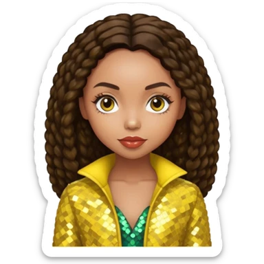 Logan Browning with long dark brown hair, yellow sequin outfit sticker