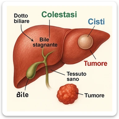 Realistic and detailed medical illustration of a liver with Italian text inside the image. Highlight "Colestasi" in green, "Cisti" in blue, "Tumore" in red, and add informative labels such as "Dotto biliare", "Bile stagnante", and "Tessuto sano". The style should be realistic, detailed, and informative, resembling a medical illustration. sticker