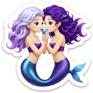 Tow mail marinades kissing one of them with white hair and white fish tale and the other one with black curly hair with purple fish tail  sticker