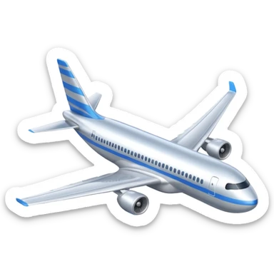 A 3D cartoon commercial airplane flying above clouds, silver body with blue stripes, smooth reflections, Memoji-style realism. sticker