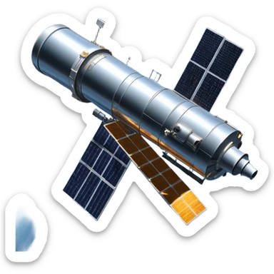 cinematic-realistic-hubble-space-telescope-emoji, an awe-inspiring, ultra-detailed depiction of the Hubble Space Telescope floating in space, its large, reflective metallic surface gleaming against the backdrop of the infinite blackness. The telescope's vast solar panels extend outwards, catching the light from distant stars, while its intricate, cylindrical body showcases advanced, precise engineering. The telescope's large, hexagonal lens is pointed towards the cosmos, surrounded by mechanical components, wires, and sensors. The detailed textures of the telescope’s metallic exterior, the shiny reflective coating, and the intricate grid-like solar panels are sharply contrasted against the void of space, with distant stars and nebulae faintly visible in the background, adding to the sense of scale and technological marvel; rendered with extreme realism and attention to detail. sticker