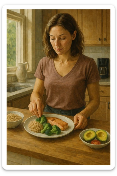 realistic style of a woman in the kitchen composing a fit and balanced plate with distinct portions of carbohydrates, proteins, and fats, natural light, aspect ratio 2:3 sticker