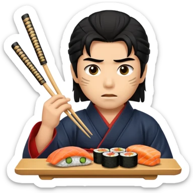 Man with wide eyes eating sushi in a samurai outfit wide eyes sticker