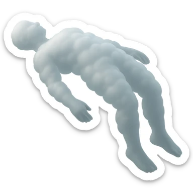 side view unconscious person flying with torso upwards, legs and arms downwards, made of bright white fluffy clouds, matte glass style sticker