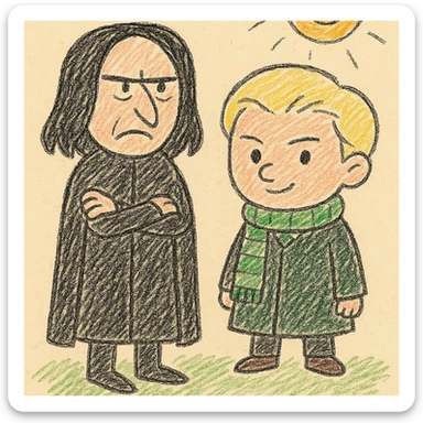 Cute, simplified cartoon illustration of Severus Snape and Draco Malfoy standing side by side, full body. Snape with straight black hair, serious expression, long black robe. Draco with light blonde hair, slightly arrogant expression, Slytherin robe and green and silver scarf. Bold black lines and soft colors, in the style of hand drawn children's illustration. sticker