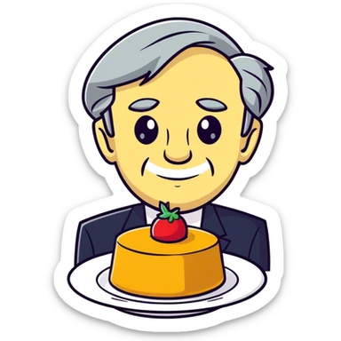 cartoonish sticker emoji of a flan dessert shaped like François Fillon's face, expressive features, playful lighthearted style sticker